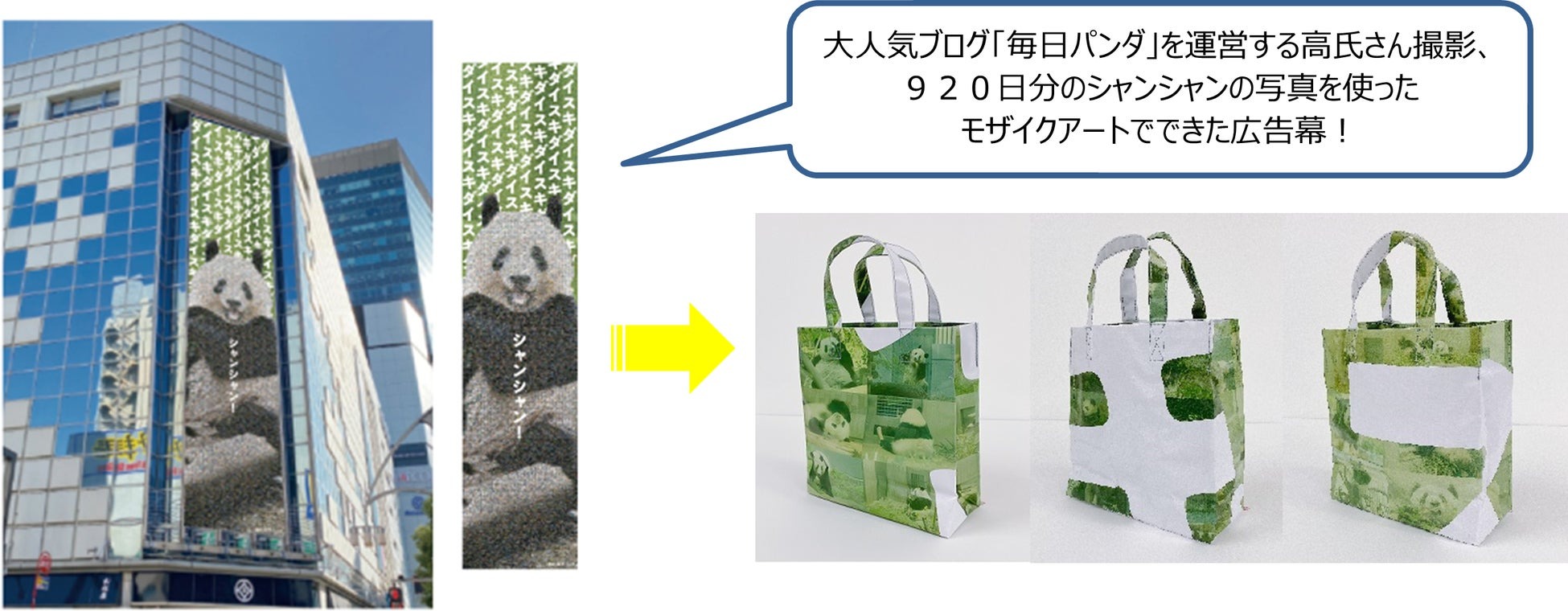 美品 未使用 シャンシャン 広告幕 エコバッグ 抽選品 パンダ グッズ 大丸松坂屋百貨店】使用済みのパンダの広告幕をエコバッグに作り変えて